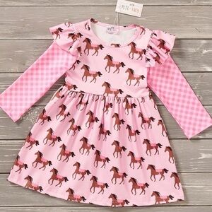 NEW Pete + Lucy Pink Horse Print Long Sleeve Girls Dress